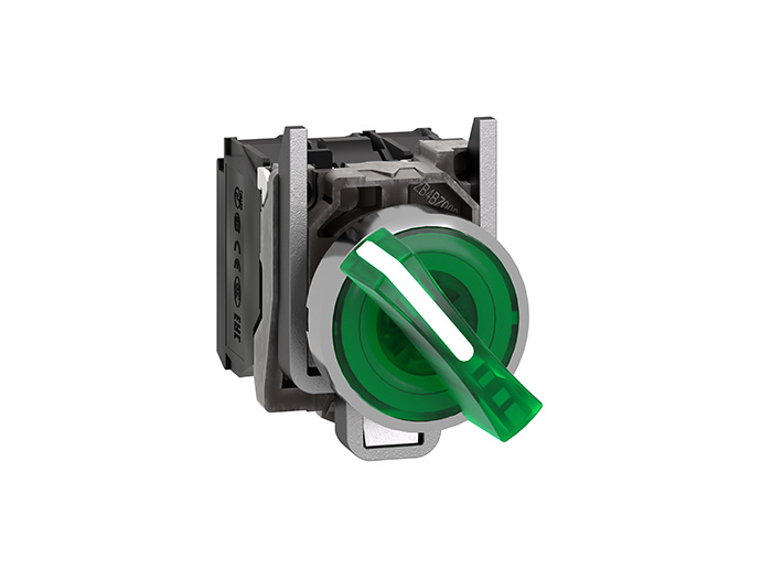 Bouton tournant lumineux vert Ø22 à manette 2 positions 24V 1O+1F