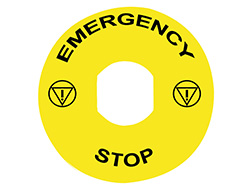 Etiquette circulaire Ø90mm jaune - logo EN13850 - EMERGENCY STOP